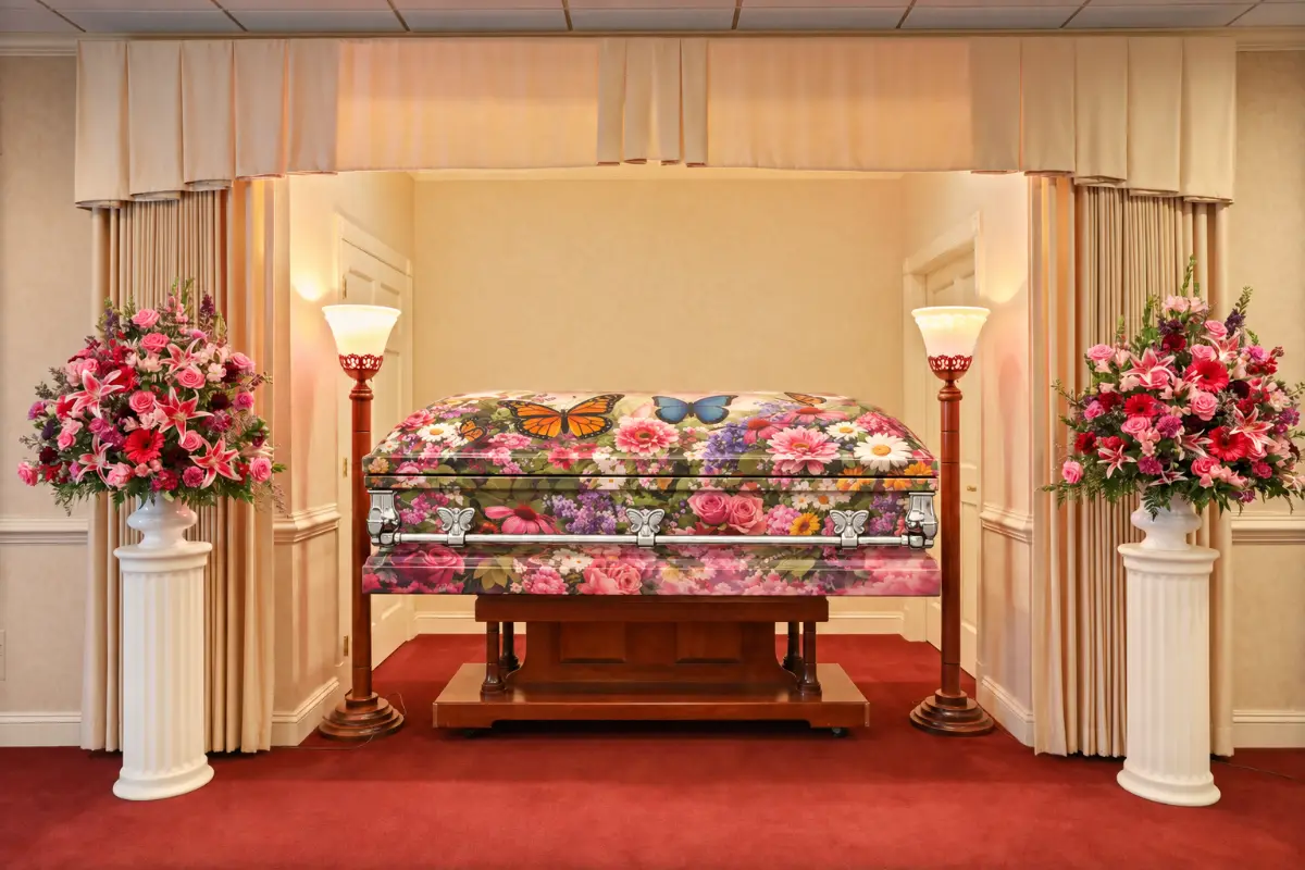 Butterfly Garden custom casket wrap with pink roses, wildflowers and butterflies, displayed in a Philadelphia-area funeral home viewing room between floral arrangements