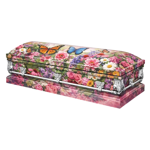 Pink floral custom casket wrap with roses, daisies and butterflies, designed in Philadelphia