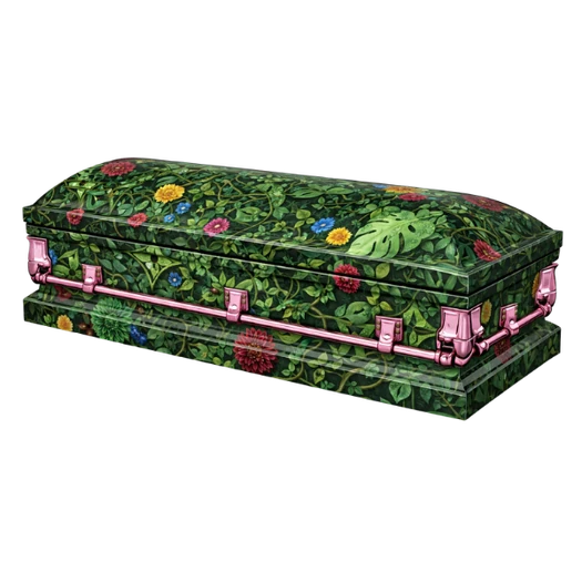 Green garden custom casket wrap with leaves, vines and red, yellow and blue flowers