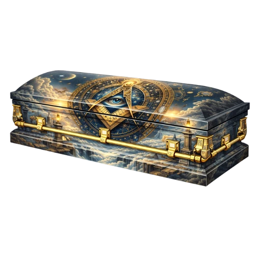 Celestial custom casket wrap with clouds, stars and a gold Masonic emblem