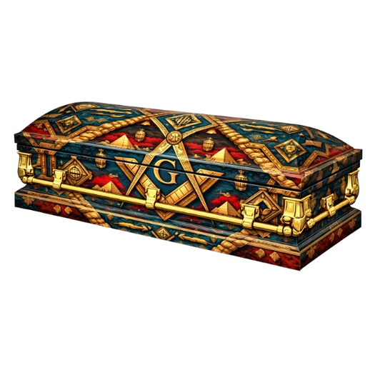 Navy, red and gold Masonic pattern custom casket wrap with pyramids and rope details